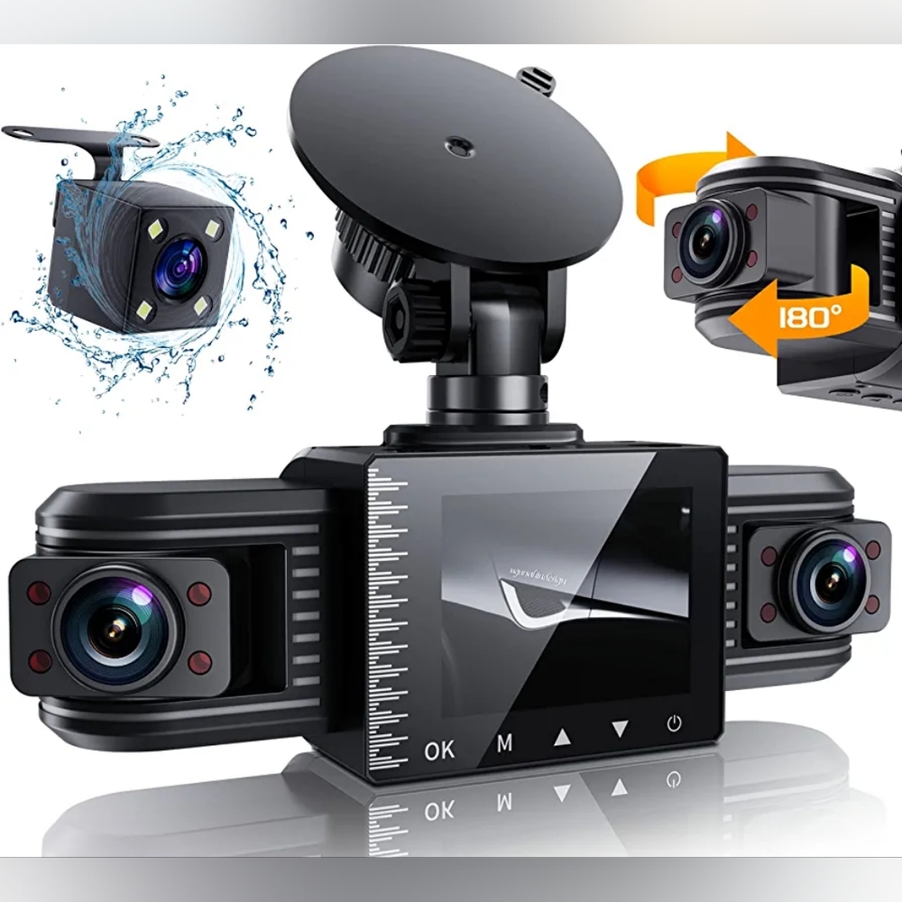 Dash Cam Front and Rear Inside 3 Channel 1080P, Adjustable Lens Dash Camera